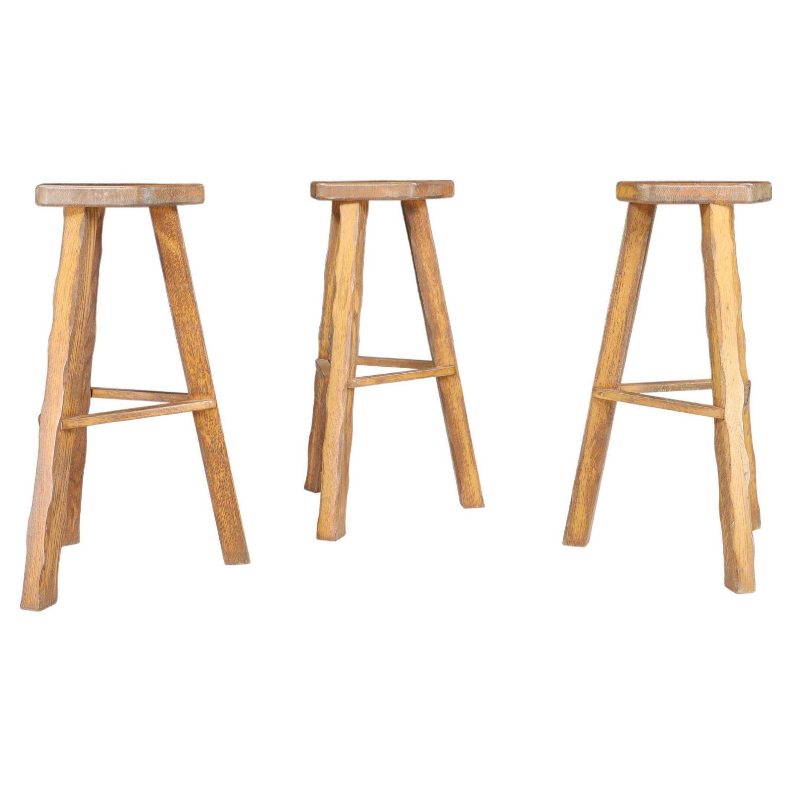 Set Of 3 Brutalist Olavi Hänninen Blond Elm Wood Bar Stools, Finland, 1960s