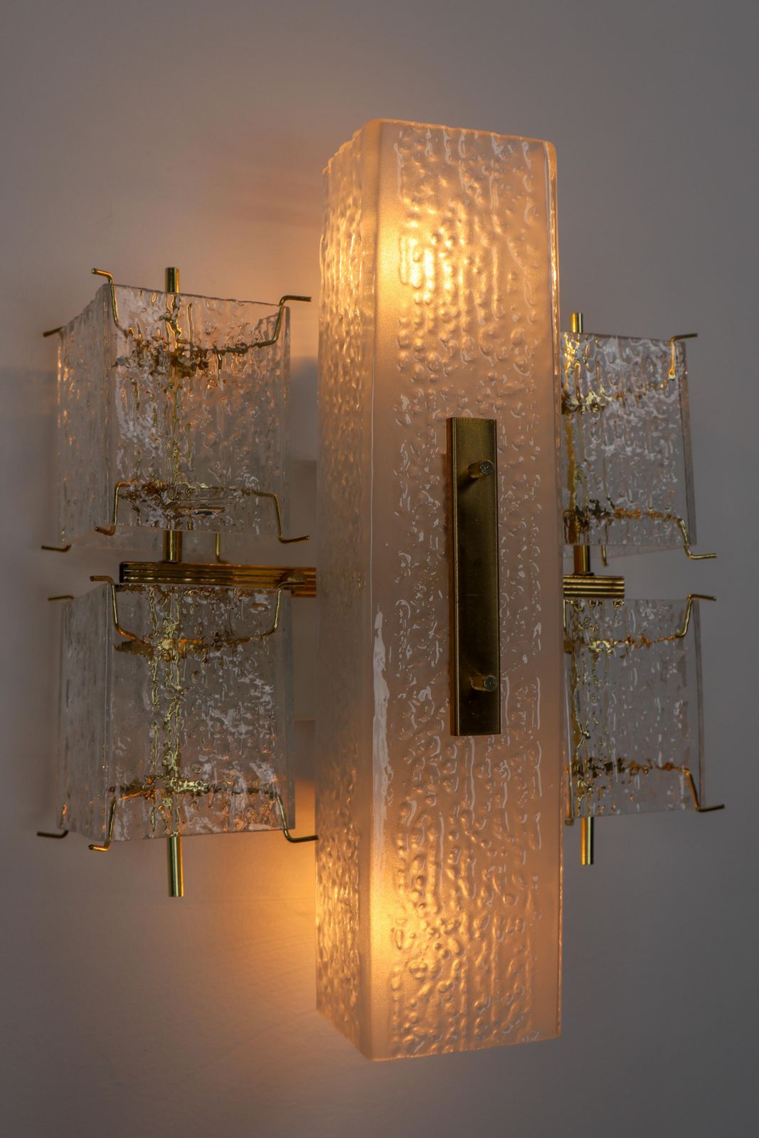 photo furniture 1 Of 8 Midcentury Wall Lights With Structured Glass And Brass, Europe, 1970s