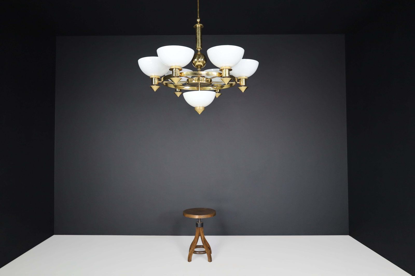 Sculptural Italian Xl Chandelier, Brass & Opaline Glass, 1970s photo Lighting