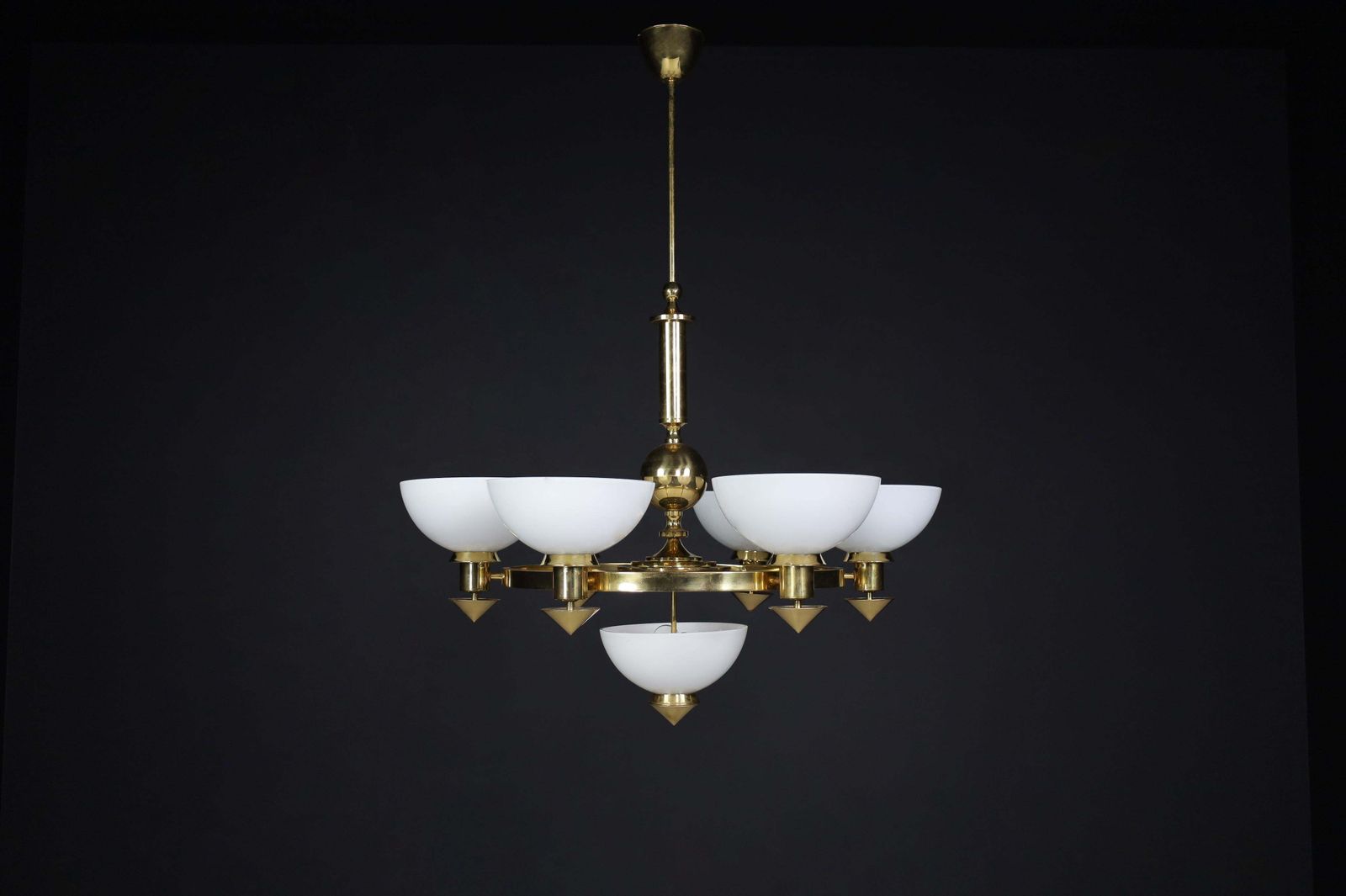 Sculptural Italian Xl Chandelier, Brass & Opaline Glass, 1970s photo 4461.0