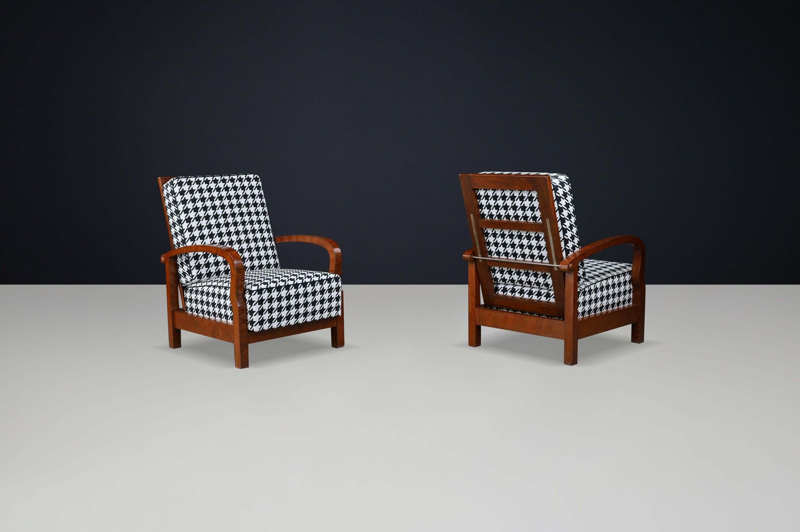 photo for sale 1930s Czech Art Deco Walnut Reclining Armchairs With Houndstooth Upholstery.