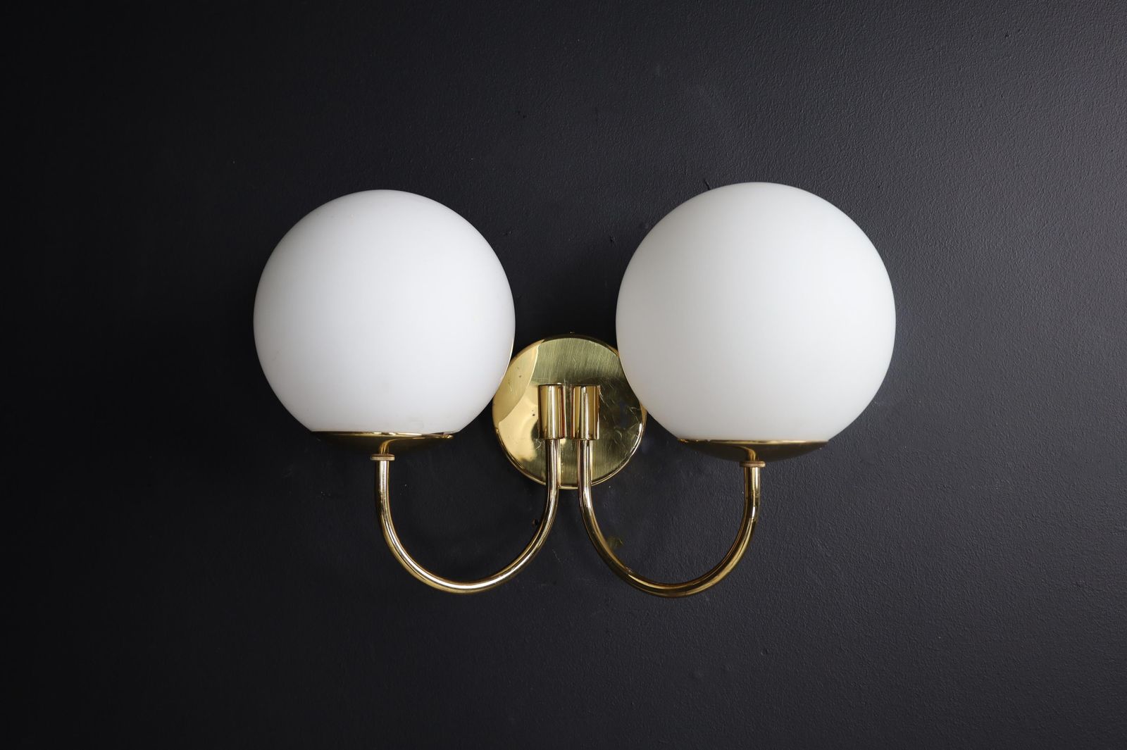 Elegant Sconces With Brass Fixtures And Opaline Glass Globes, Italy, 1960s photo Lighting