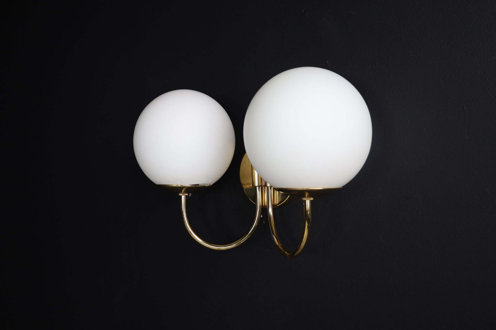 Elegant Sconces With Brass Fixtures And Opaline Glass Globes, Italy, 1960s photo vintage