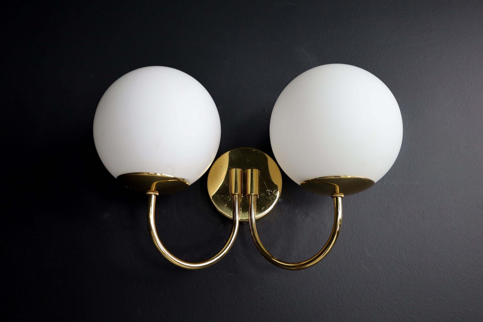 photo furniture Elegant Sconces With Brass Fixtures And Opaline Glass Globes, Italy, 1960s