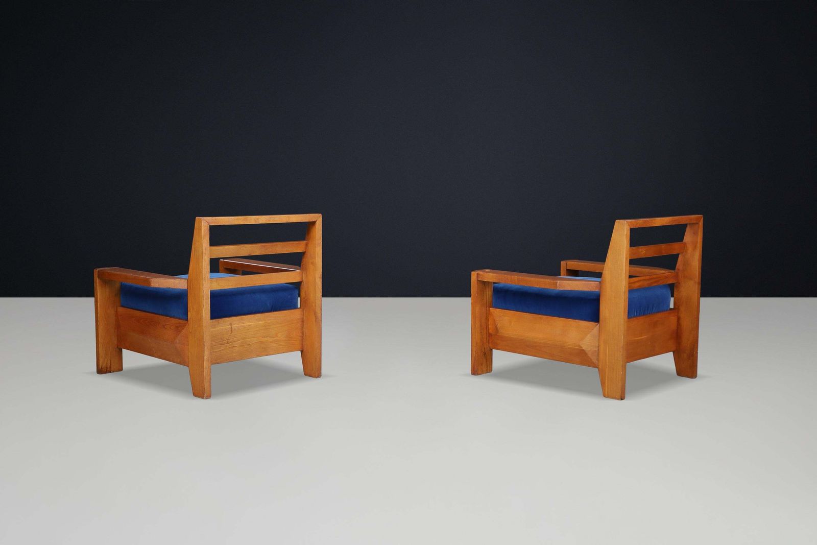 Maison Regain Elm Lounge Chairs With Blue Velvet Seat, France, 1970s photo vinterior