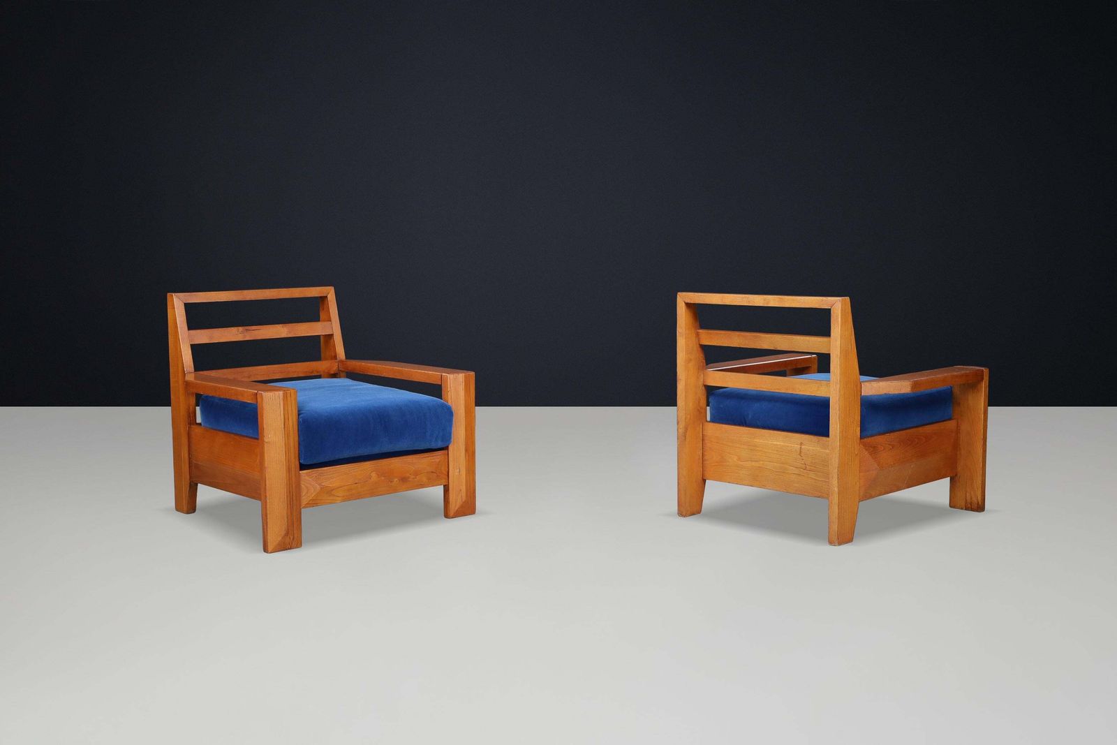 Maison Regain Elm Lounge Chairs With Blue Velvet Seat, France, 1970s photo vintage