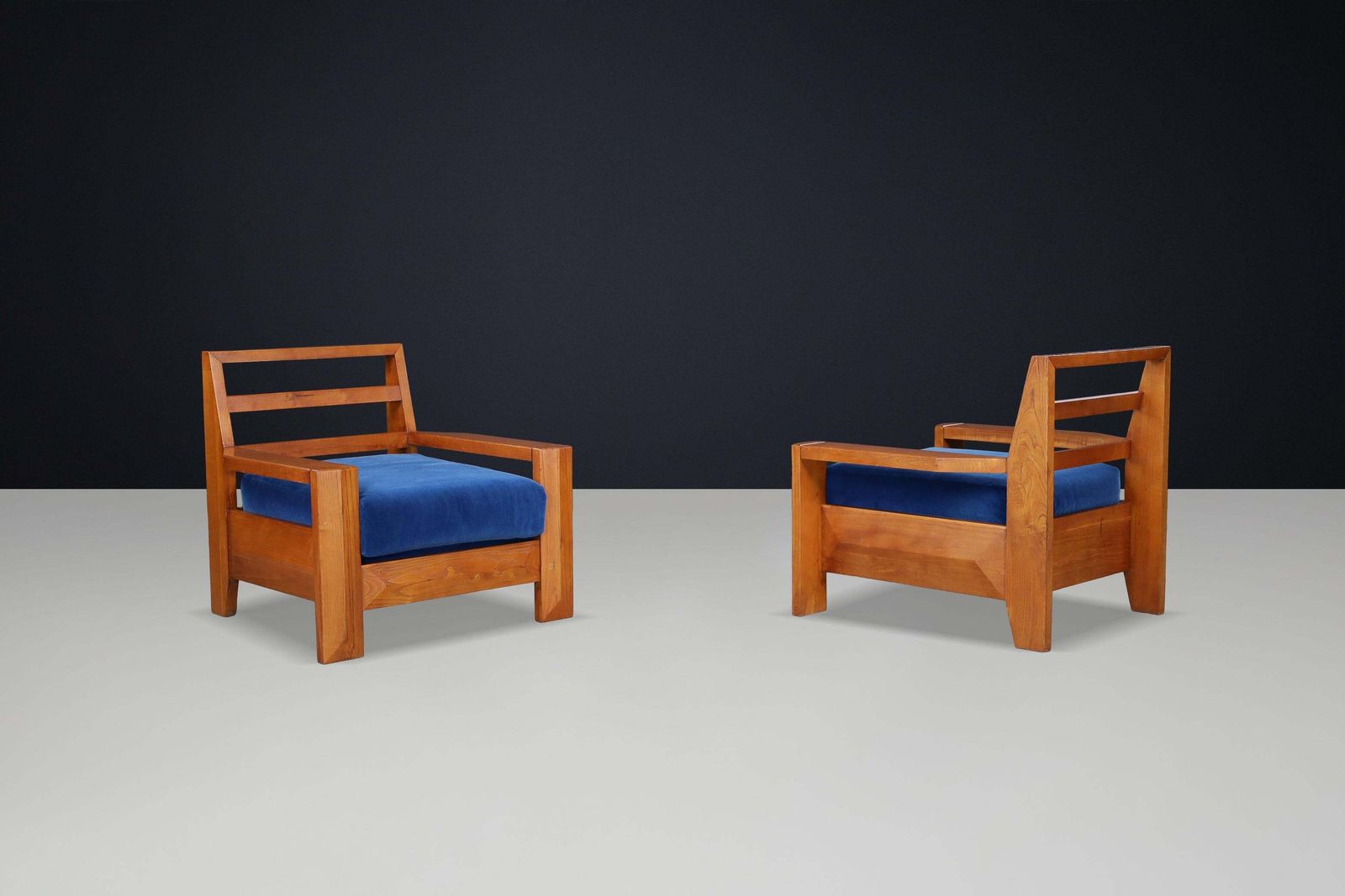photo furniture Maison Regain Elm Lounge Chairs With Blue Velvet Seat, France, 1970s