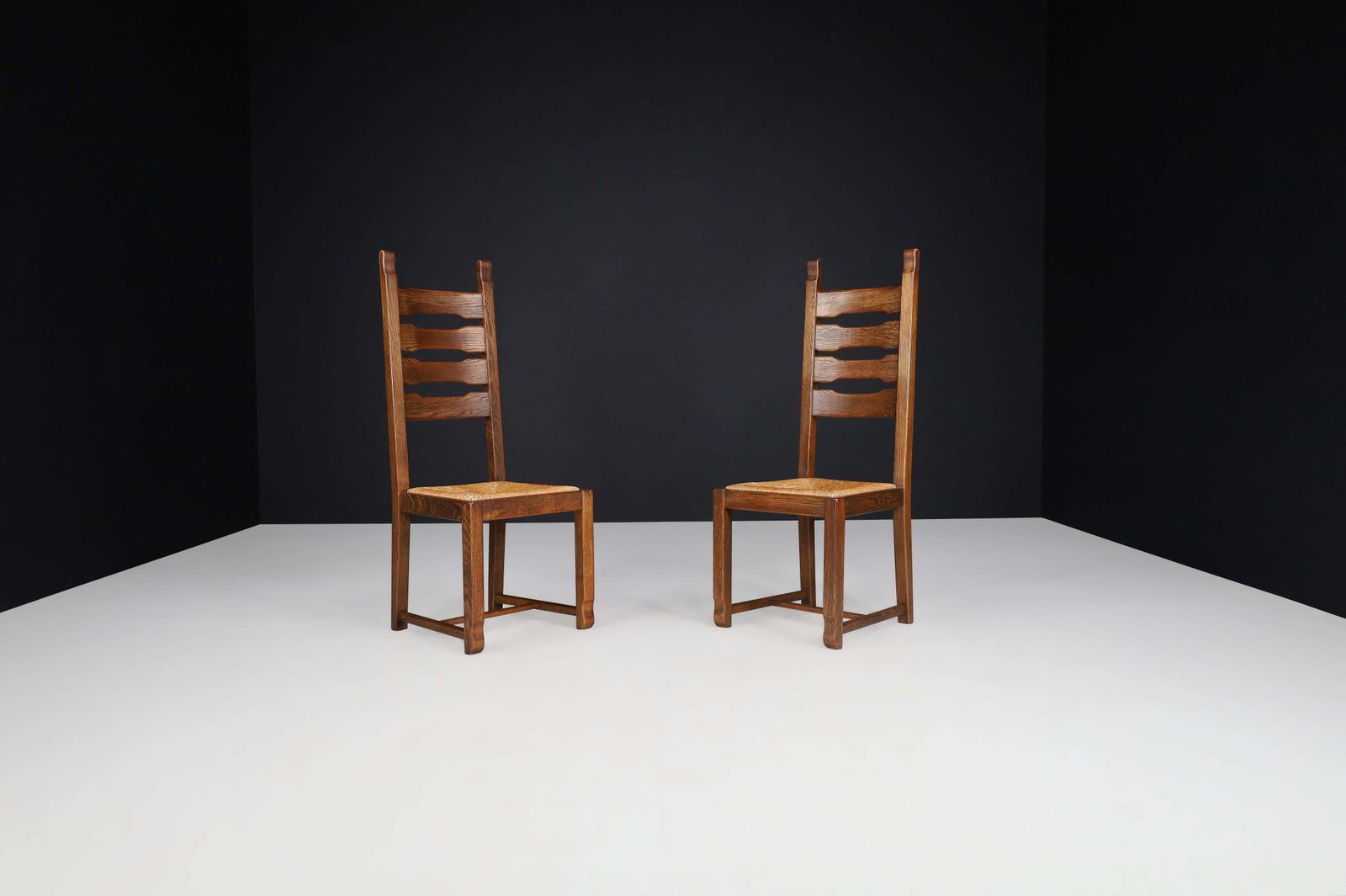 Oak And Rush High Back Dining Chairs, France, 1960s photo vintage