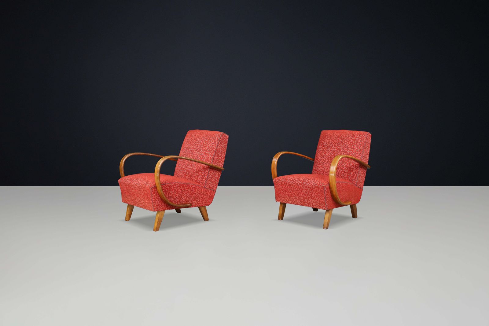 Jindrich Halabala Patinated Bentwood Armchairs With Original Upholstery, 1940s photo vintage