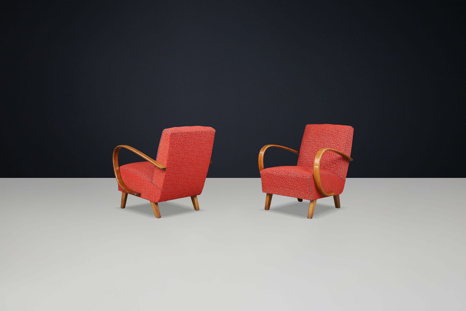 photo furniture Jindrich Halabala Patinated Bentwood Armchairs With Original Upholstery, 1940s