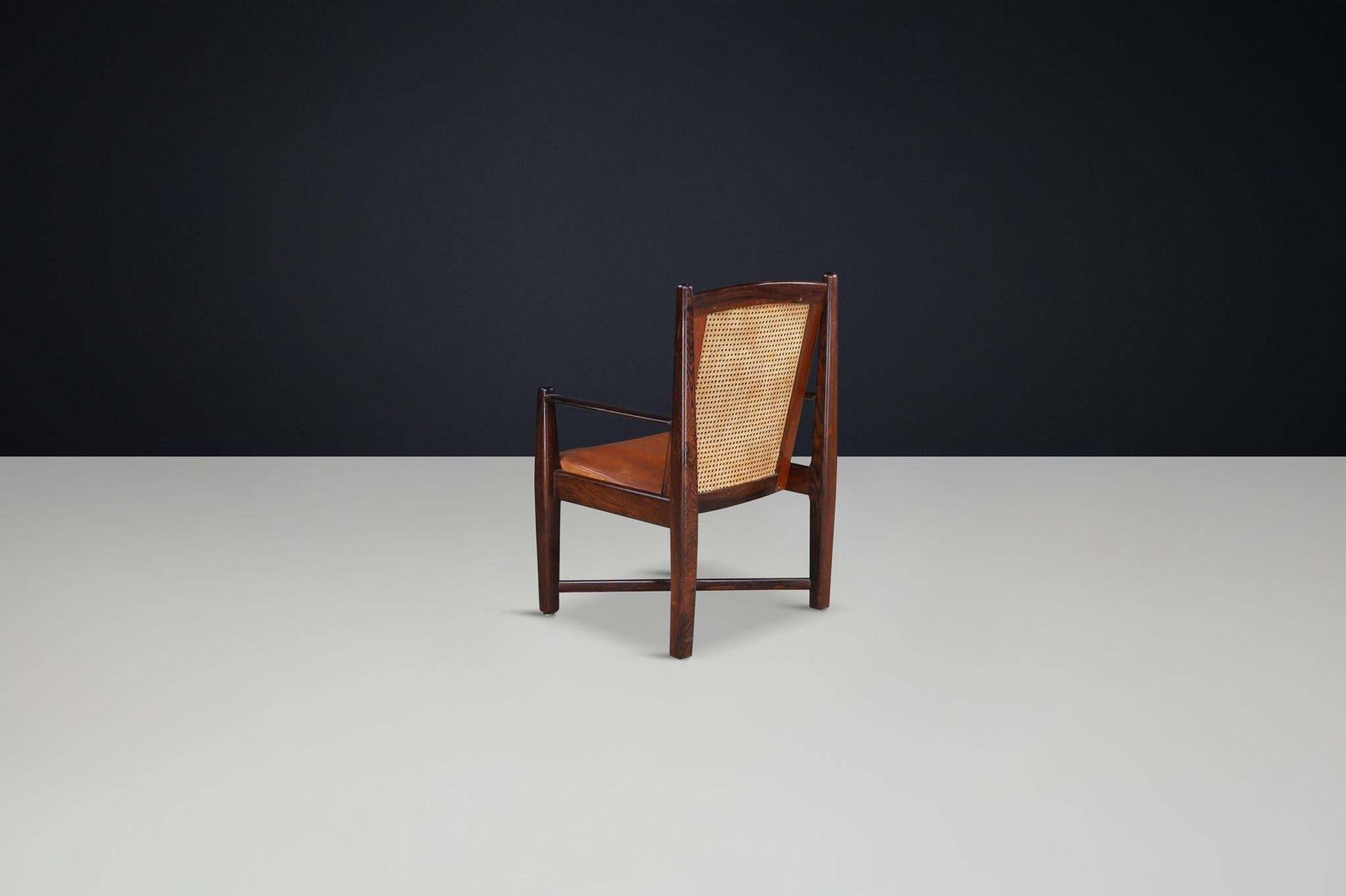 Furniture Mid Century Modern Hardwood, Cane, And Leather Armchairs, Brazil 1960s photo