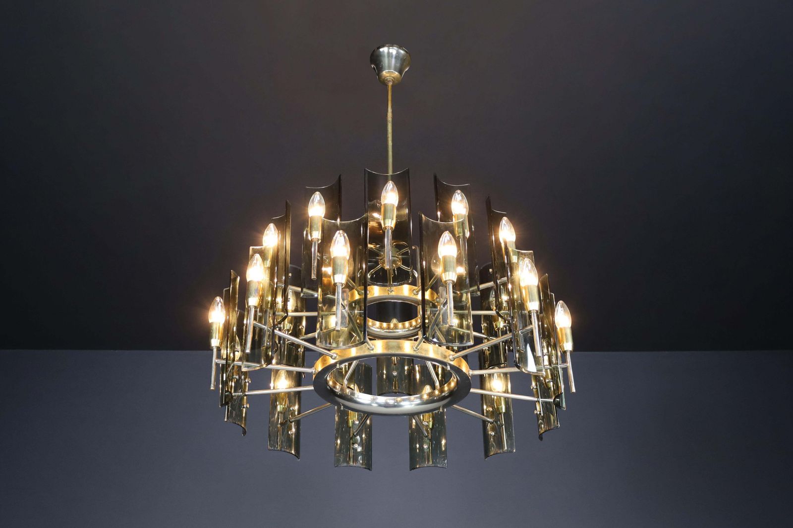 Set Of Six Gino Paroldo Grande Chandeliers In Brass, Italy 1950 photo for sale