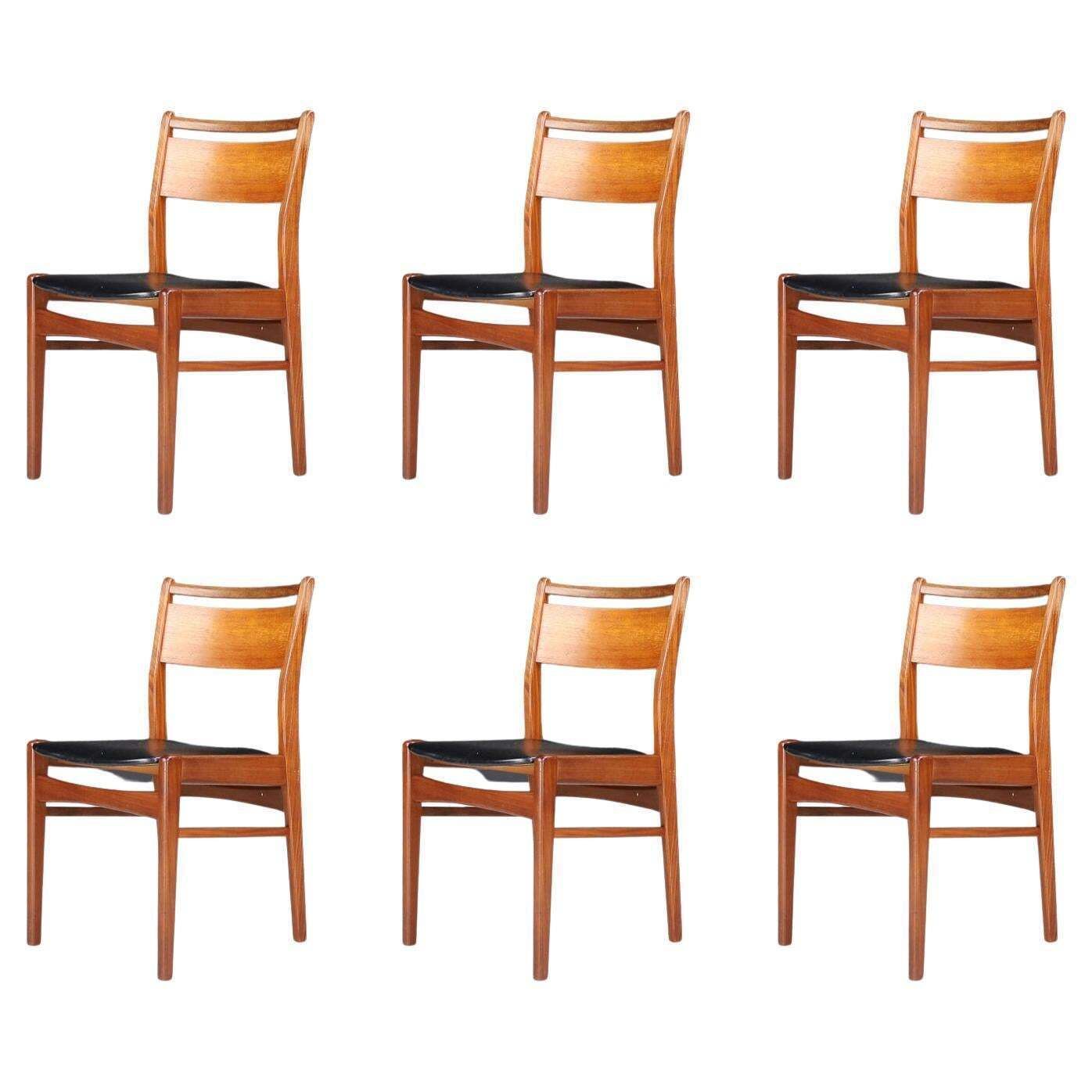 Set Of 6 Scandinavian Modern Teak And Leather Dining Chairs, Denmark, 1960s