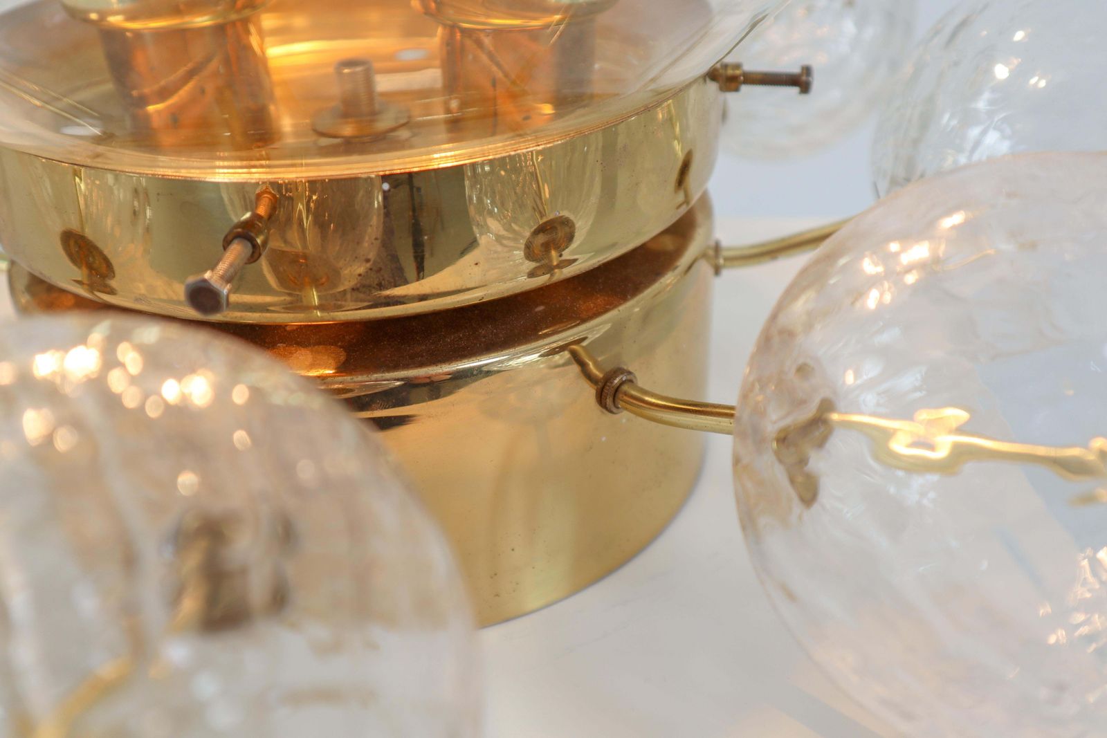 Large Midcentury Brass Ceiling Lamp Chandelier With Handblown Art Glass , 1960s photo vintage