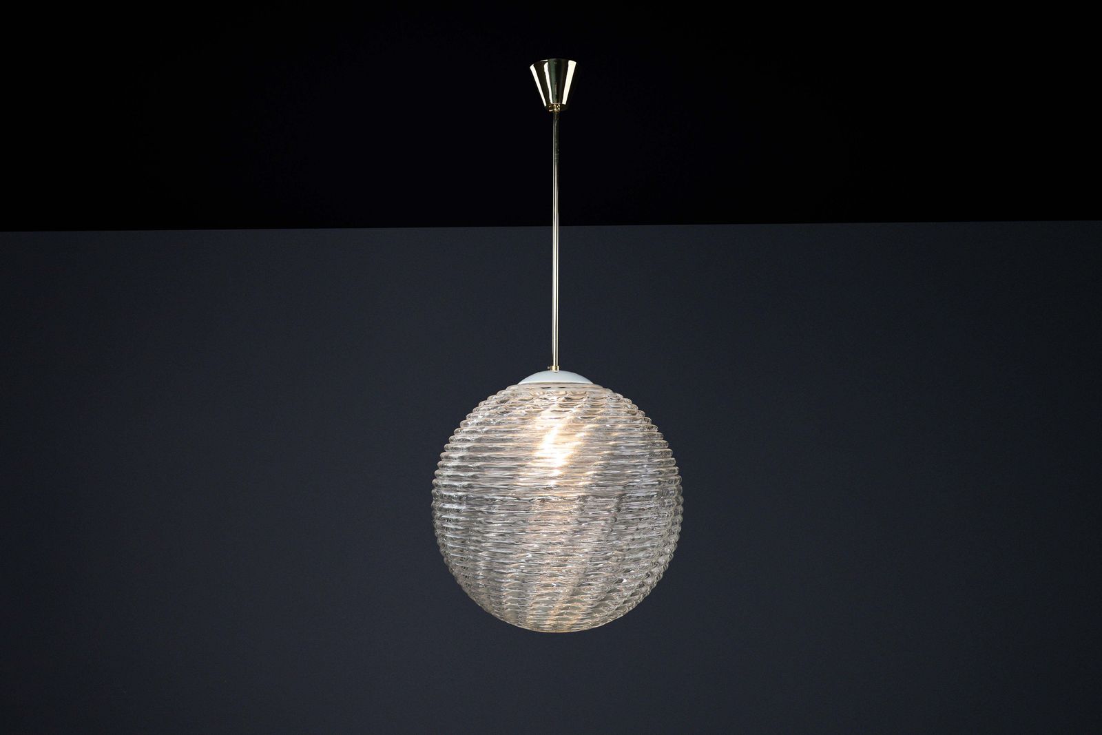 Midcentury Modern Xl  Brass And Pattern Glass Pendant, Prague 1960s photo buy