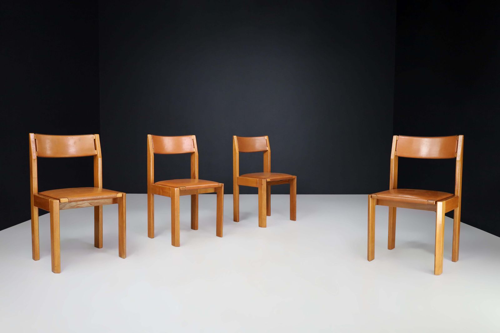 Set Of Four Luigi Gorgoni Dining Chairs In Elm And Leather For Roche Bobois. photo furniture