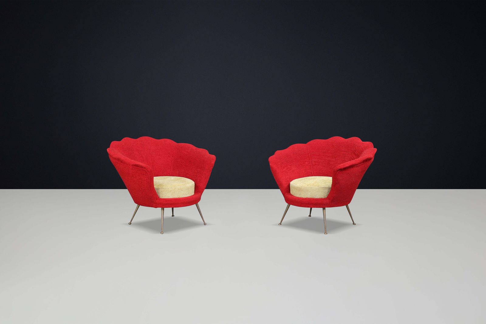 Mid Century Flower Shaped Lounge Chairs, Fabric Upholstery, Brass, Italy, 1950s photo for sale