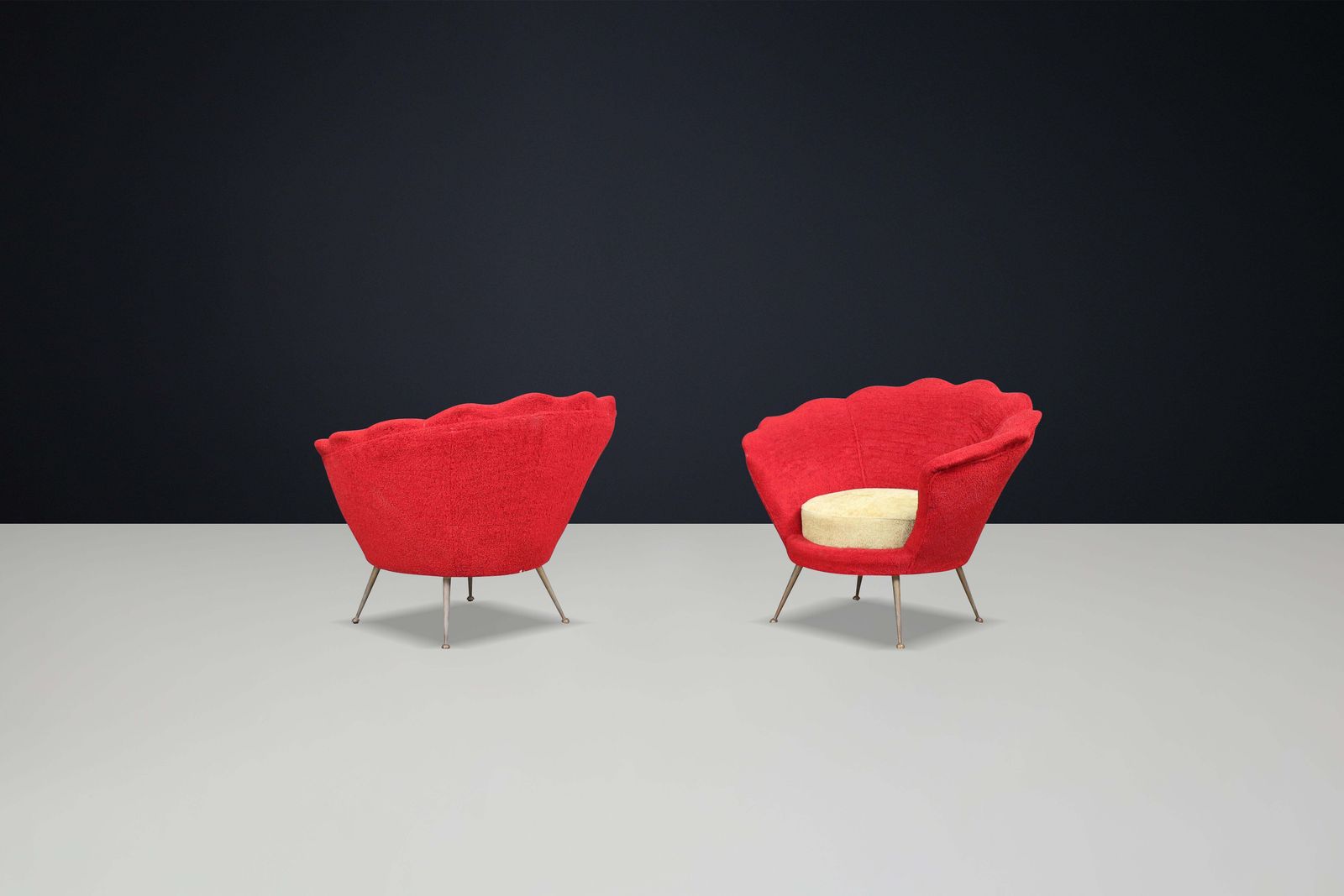 Mid Century Flower Shaped Lounge Chairs, Fabric Upholstery, Brass, Italy, 1950s photo vinterior
