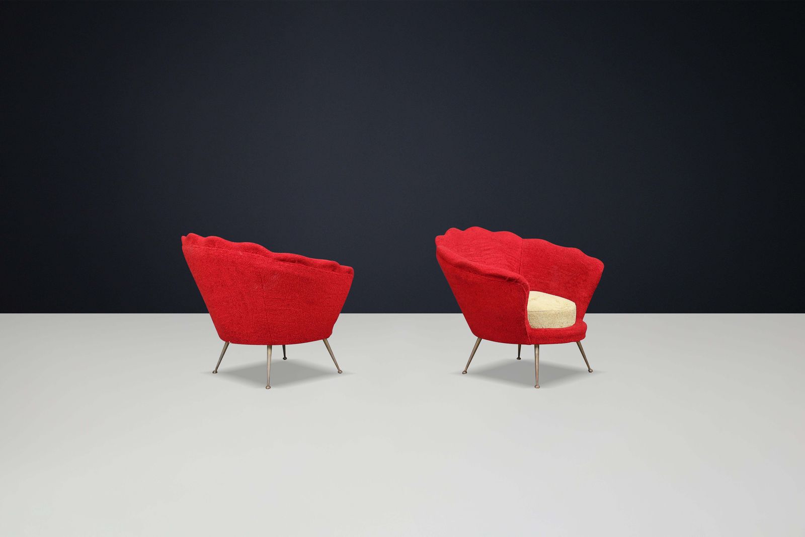 Mid Century Flower Shaped Lounge Chairs, Fabric Upholstery, Brass, Italy, 1950s photo vintage