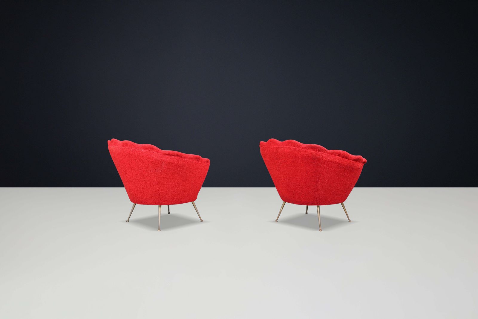 photo furniture Mid Century Flower Shaped Lounge Chairs, Fabric Upholstery, Brass, Italy, 1950s