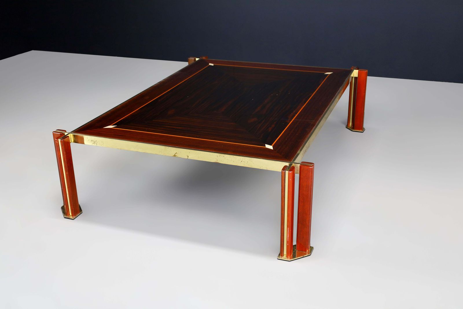 Paolo Barracchia Large Brass And Wood Coffee Table, Italy 1970s photo vinterior