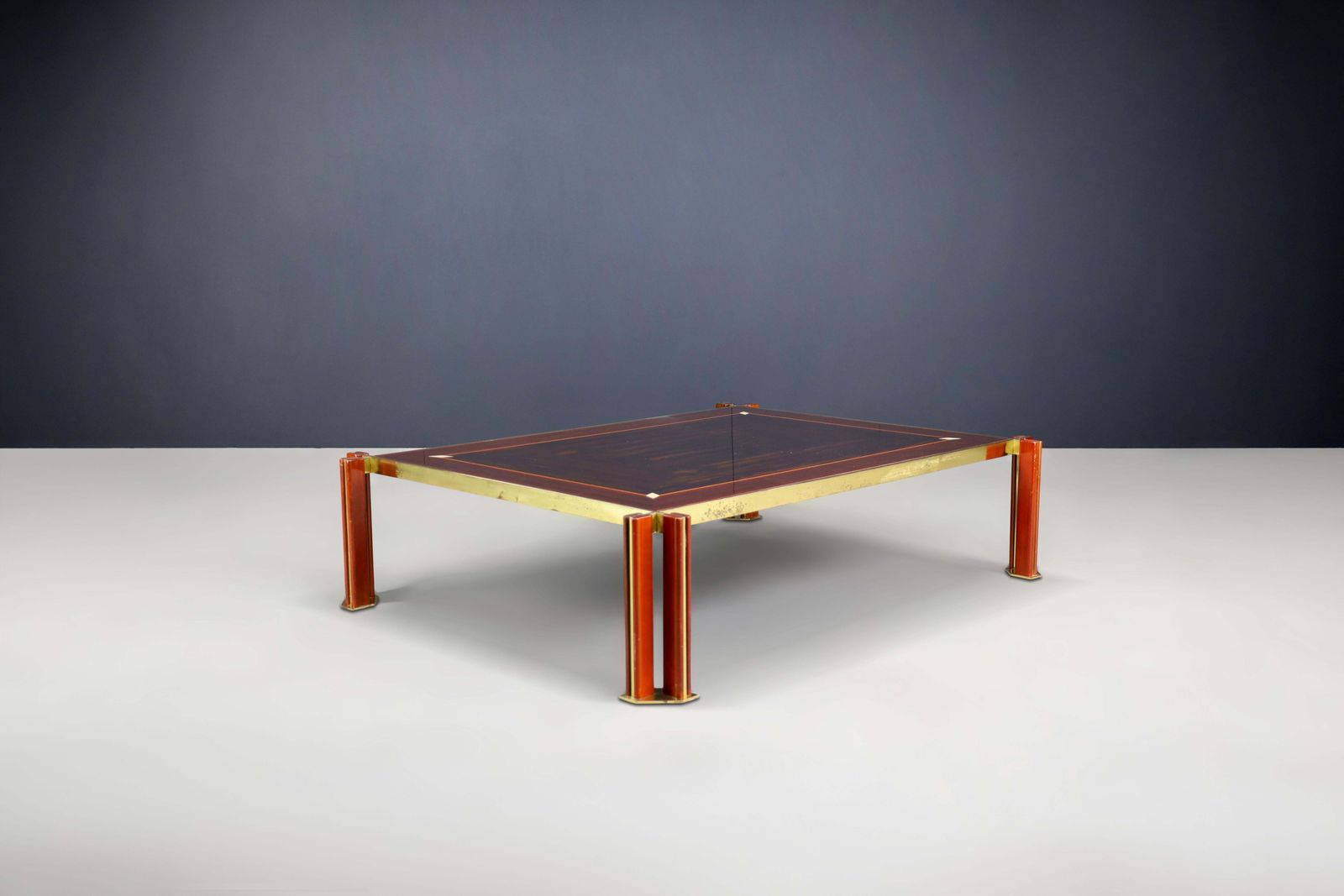 photo furniture Paolo Barracchia Large Brass And Wood Coffee Table, Italy 1970s