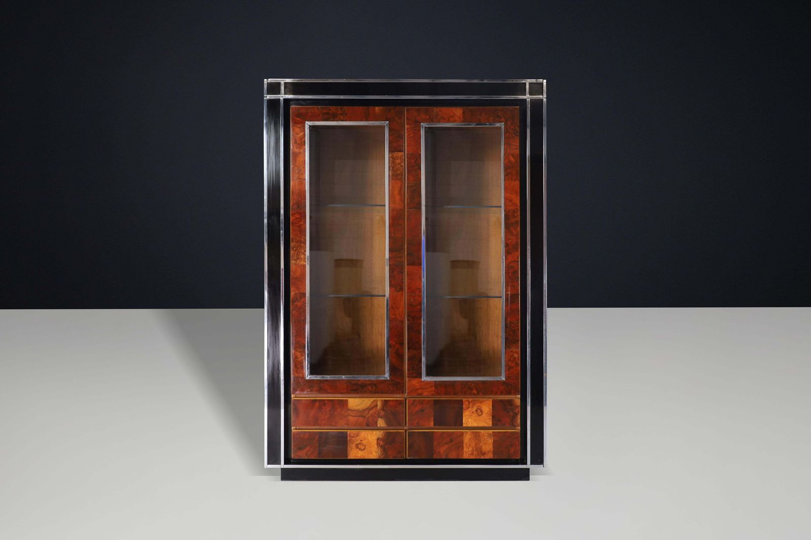 Willy Rizzo Sequoia Burl And Black Lacquer Display Cabinet With Glass Doors 1970 photo furniture
