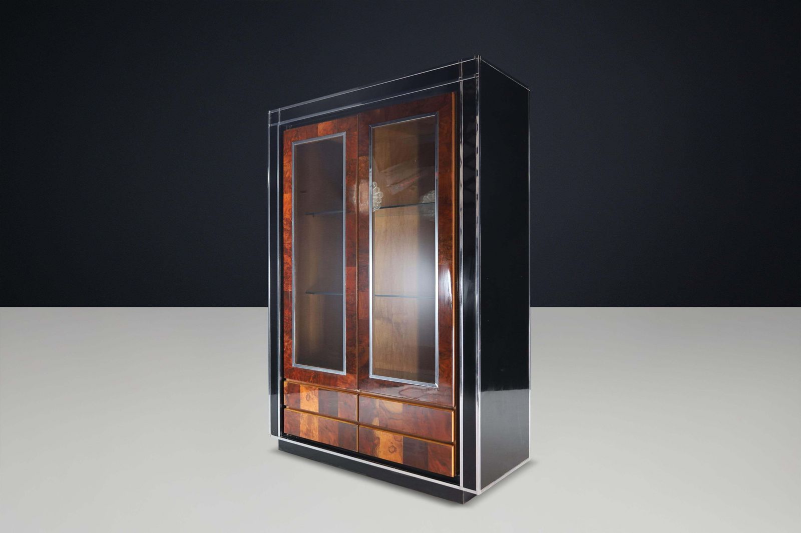Willy Rizzo Sequoia Burl And Black Lacquer Display Cabinet With Glass Doors 1970 photo for sale