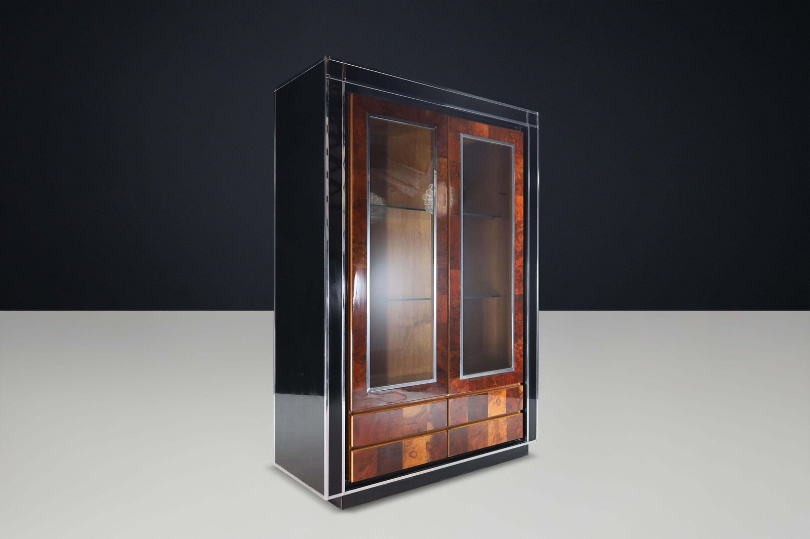 Willy Rizzo Sequoia Burl And Black Lacquer Display Cabinet With Glass Doors 1970 photo Furniture