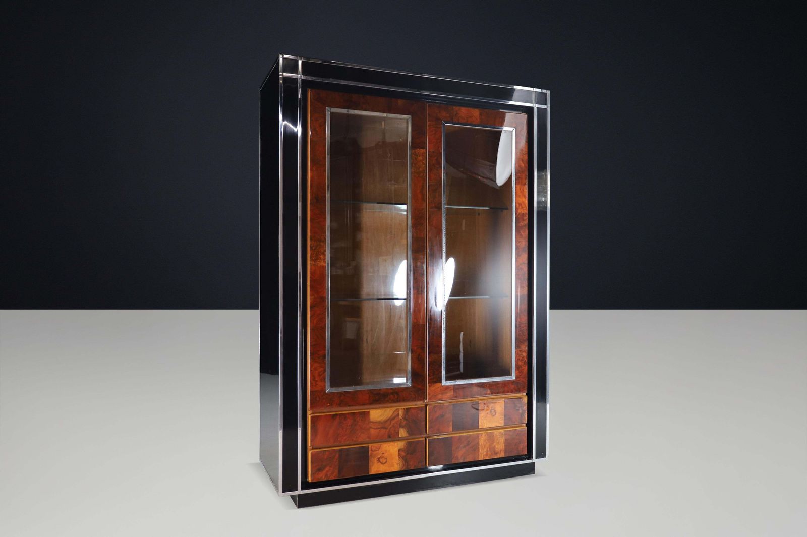 Willy Rizzo Sequoia Burl And Black Lacquer Display Cabinet With Glass Doors 1970 photo vintage