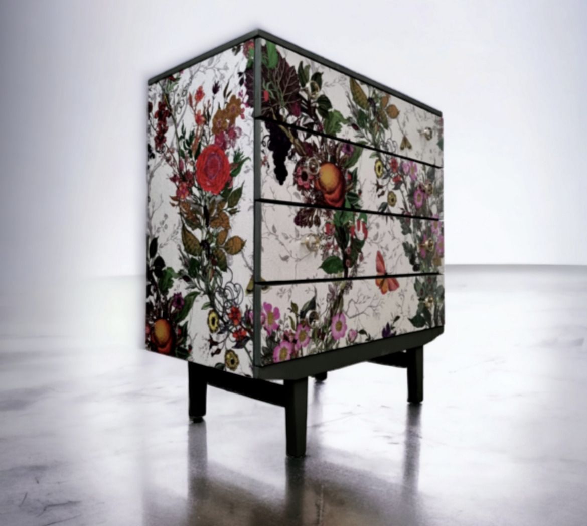 Mid Century Chest Of Drawers With Timorous Beasties Bloomsbury Garden photo vintage