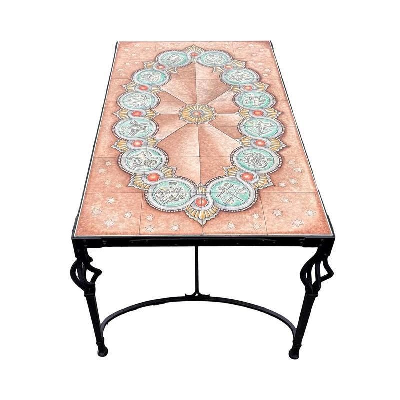 Italian Coffee Table In Wrought Iron With Hand Painted Ceramic Tiles, 1954 photo for sale