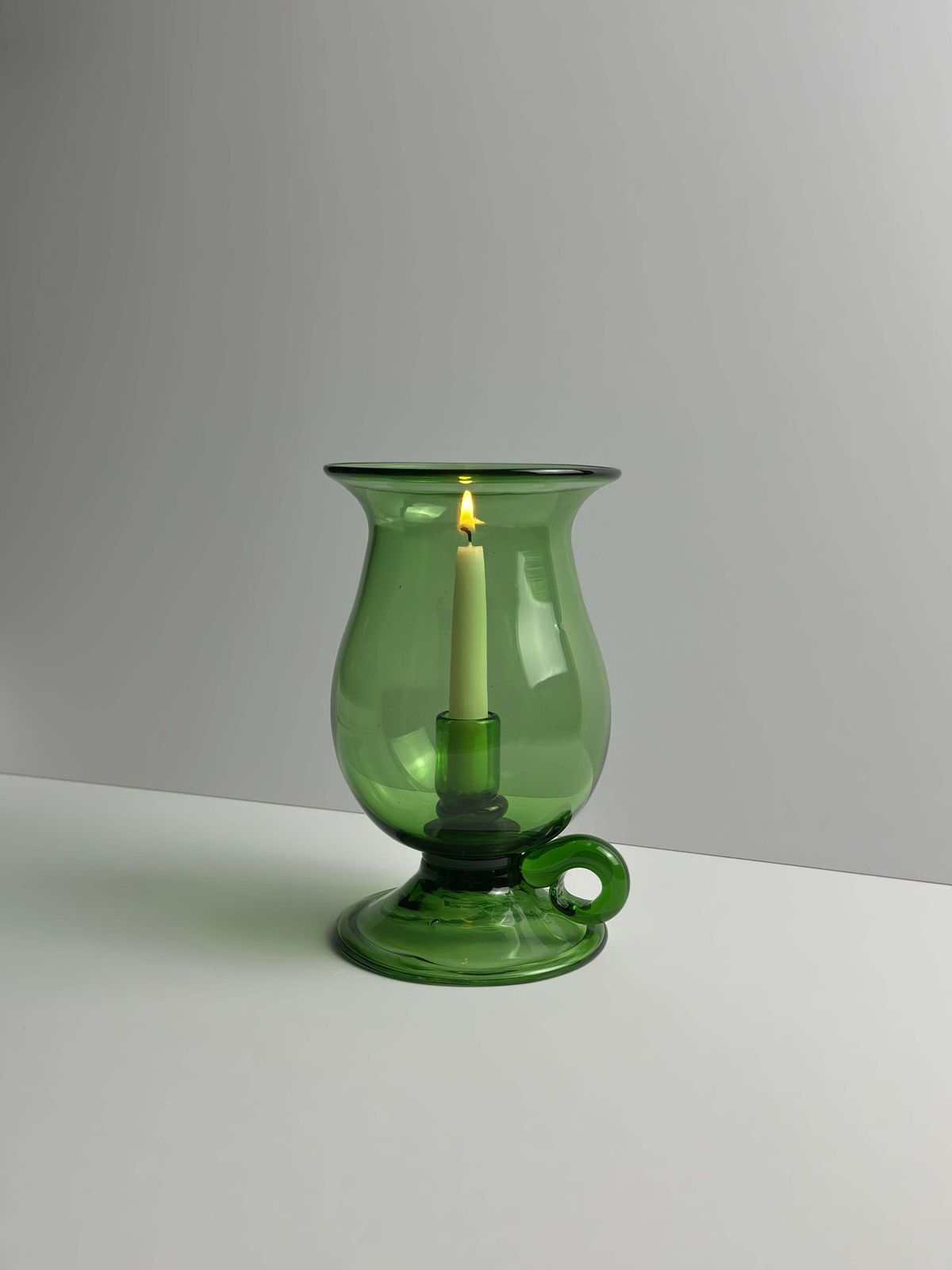 Mid Century Empoli Green Glass Hurricane Lamp, Italy 1960s photo for sale