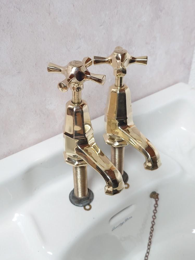 Pair Of Original Art Deco Basin Taps, Polished Brass Sink Faucets, 1920s Basin Taps, Overhauled And Ready To Fit.