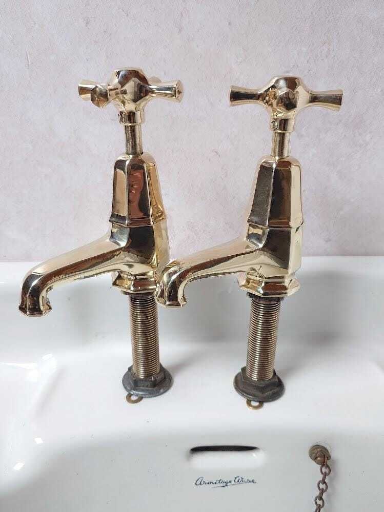 Pair Of Original Art Deco Basin Taps, Polished Brass Sink Faucets, 1920s Basin Taps, Overhauled And Ready To Fit. photo Home Decor