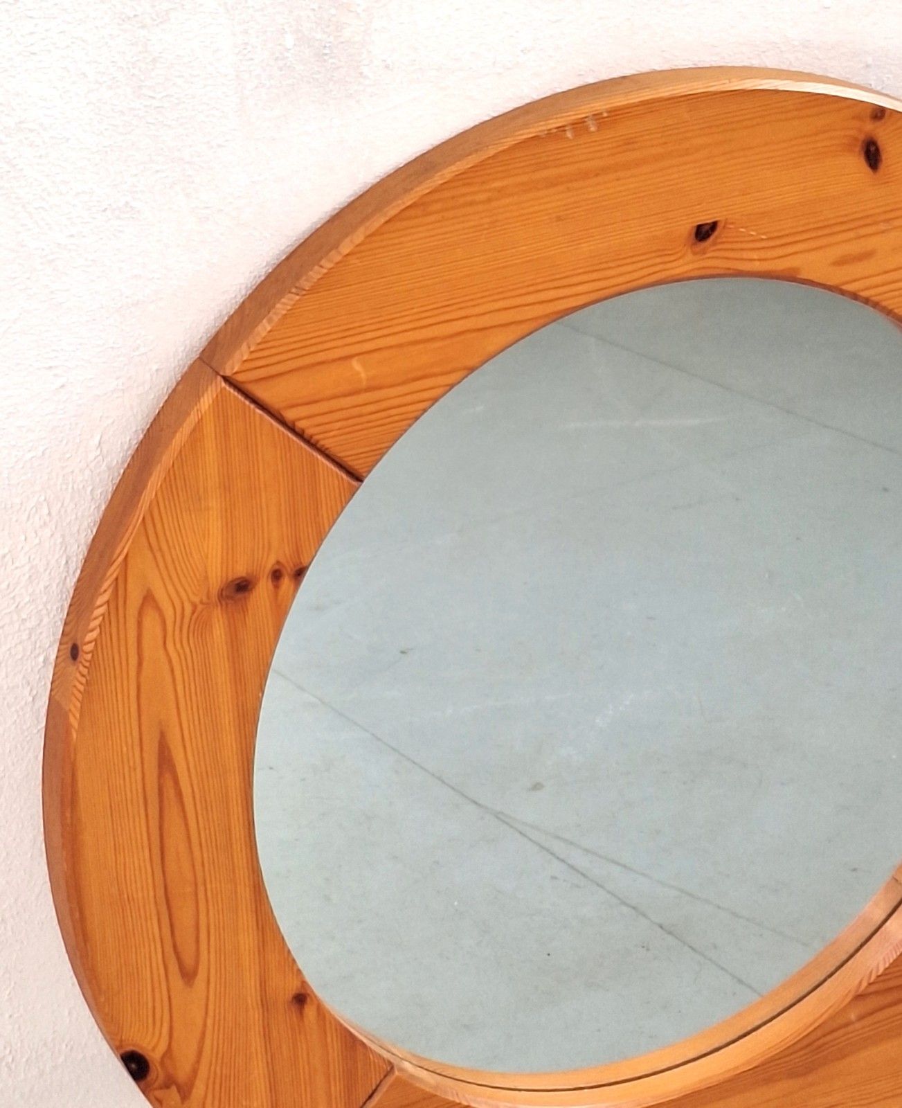 Vintage Scandinavian 70s Pine Circular Wall Mirror photo Home Decor