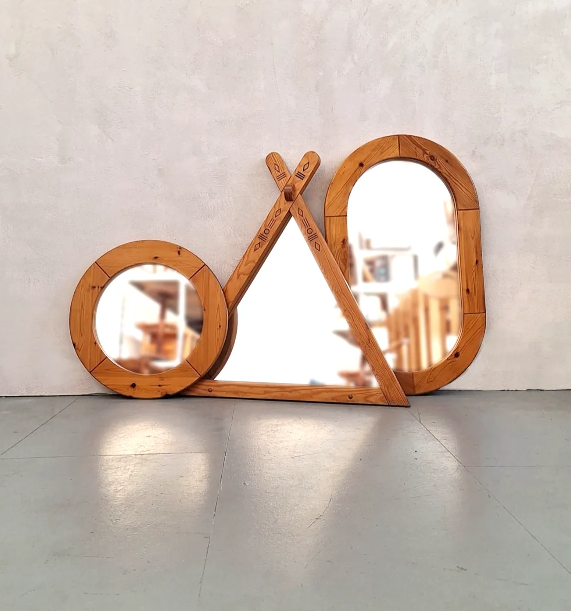 Vintage Scandinavian 70s Pine Circular Wall Mirror photo vinterior