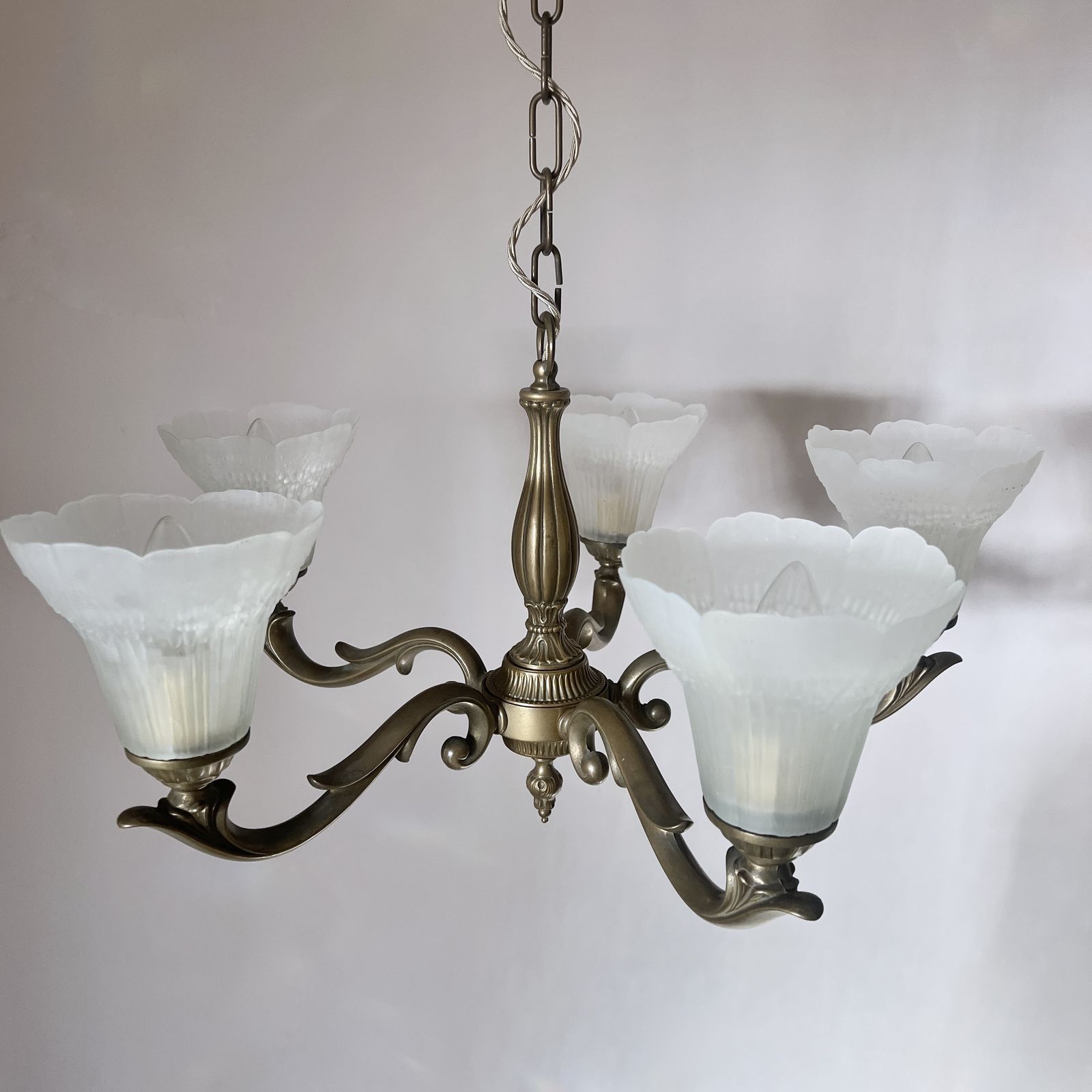 Reproduction Brass Chandelier With Decorative Frosted Glass Shades photo Lighting
