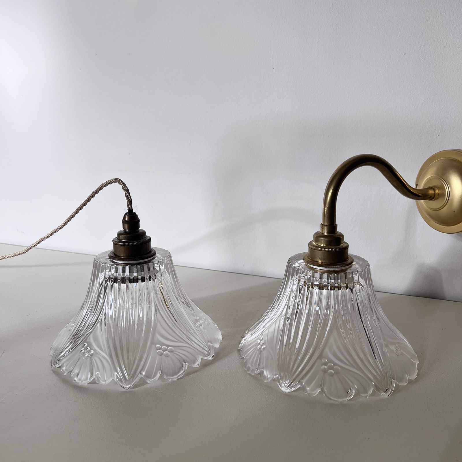 Set Of Three Floral Frill Glass Shades photo vintage