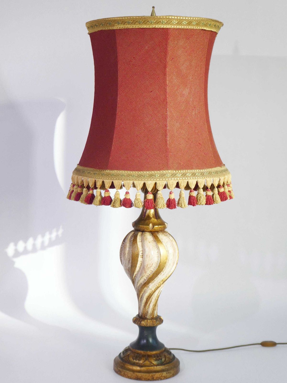 Extra Large Vintage Florentine Wooden Table Lamp With Red Fabric Shade, Desk Light Golden Base And Colourful Shade, Italian Sconce photo furniture