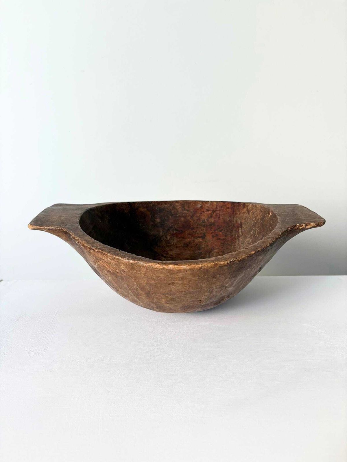 Carved Wooden Dough Bowl, Antique Vessel Sculpted From One Piece Of Solid Wood