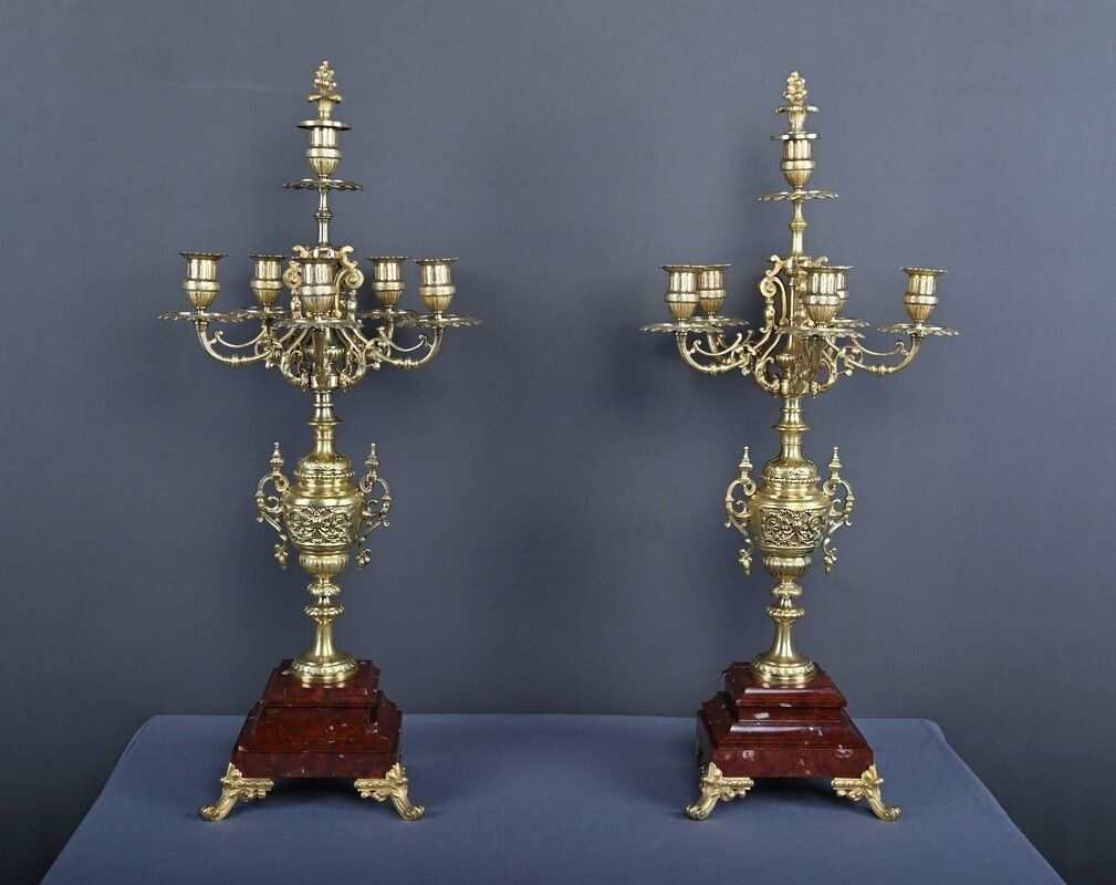 Pair Of Important Bronze Candelabra, Renaissance Style – 1920 photo for sale