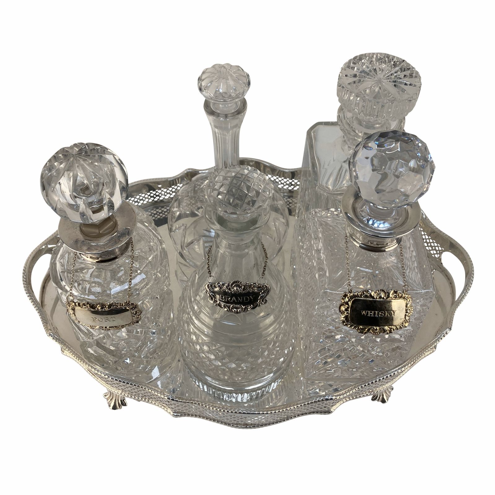 A Silver Drinks Tray With Decanters, Some With Sterling Silver Collars photo furniture