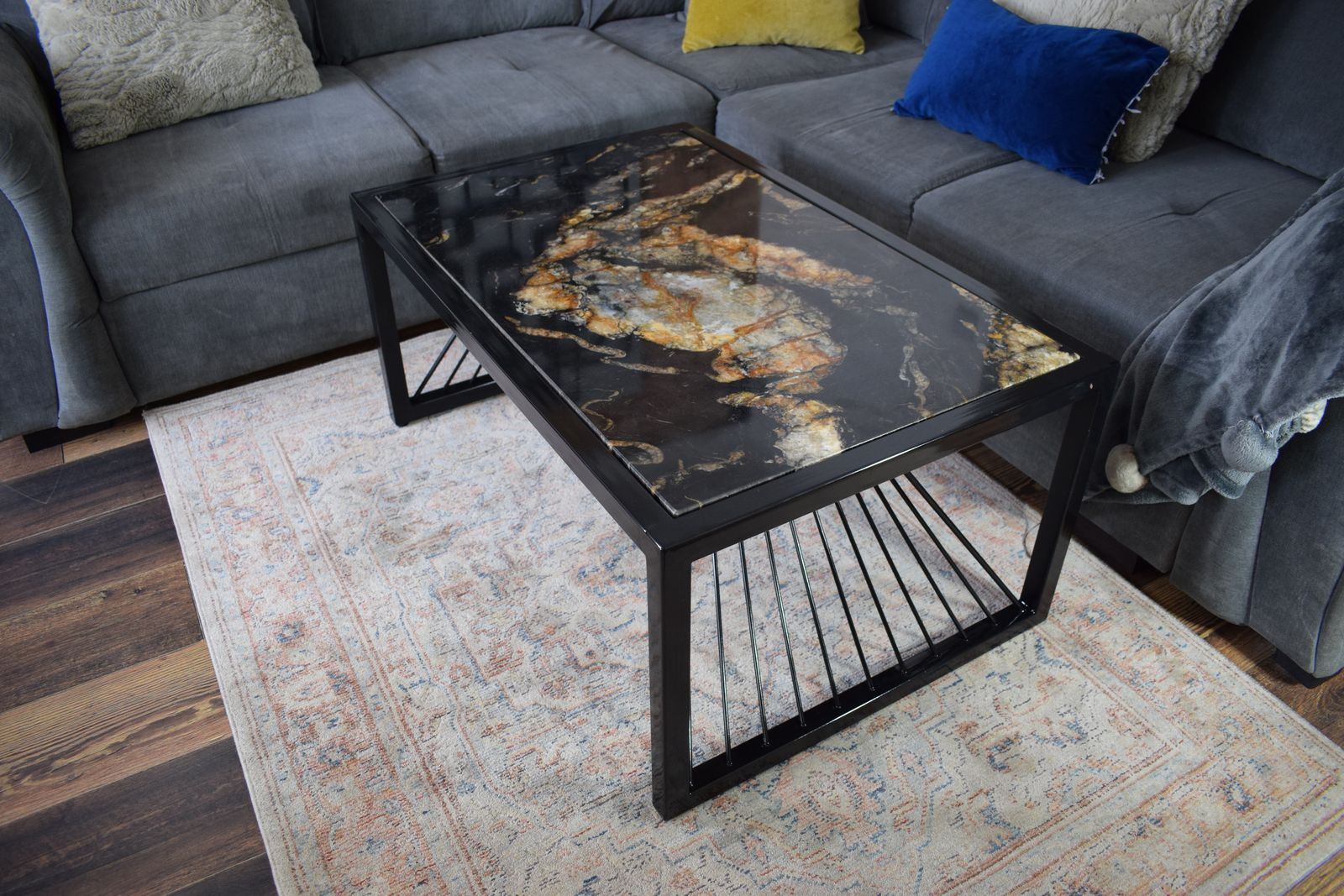 Black Fusion Coffee Table , Industrial Real Stone Top Black Metal Frame Modern Handmade Furniture photo Furniture