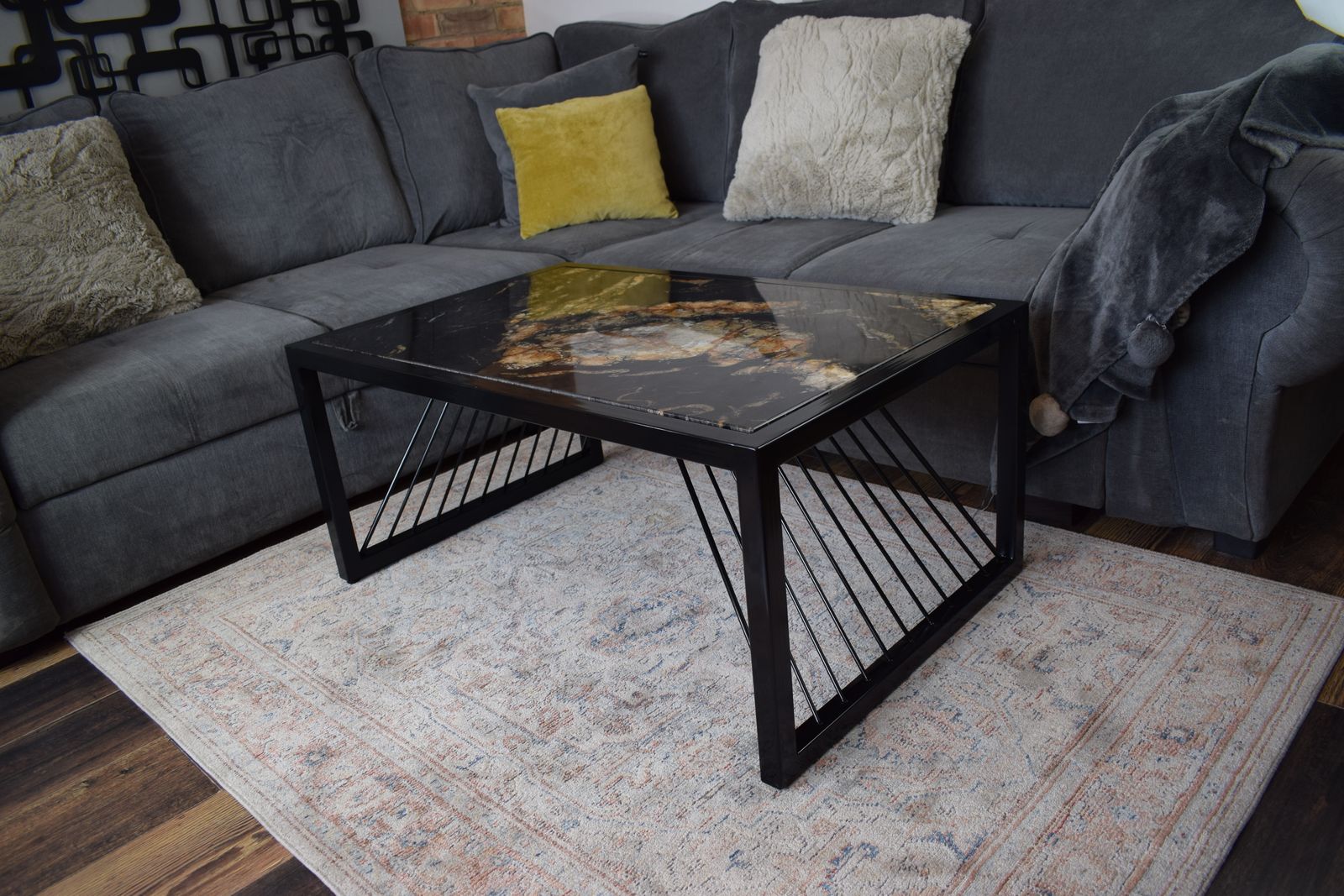 Furniture Black Fusion Coffee Table , Industrial Real Stone Top Black Metal Frame Modern Handmade Furniture photo