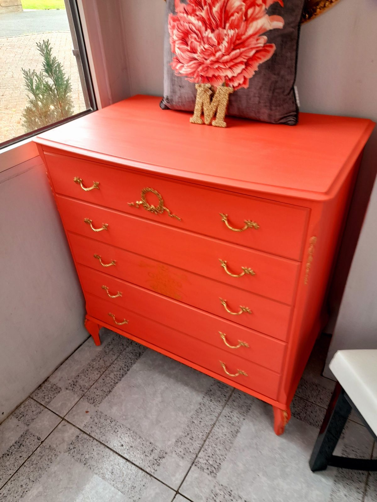 photo for sale Olympus Five Drawer Chest. Hand Finished In Flamingo With Gold Highlights And Chateau Crest