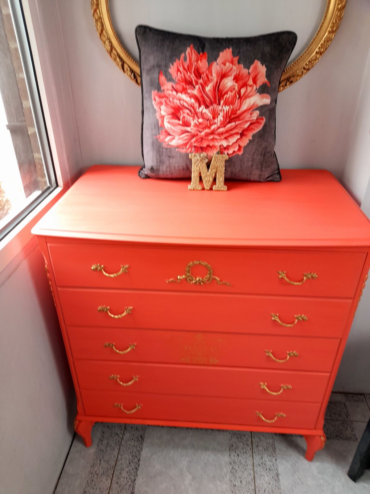550.0 Olympus Five Drawer Chest. Hand Finished In Flamingo With Gold Highlights And Chateau Crest photo