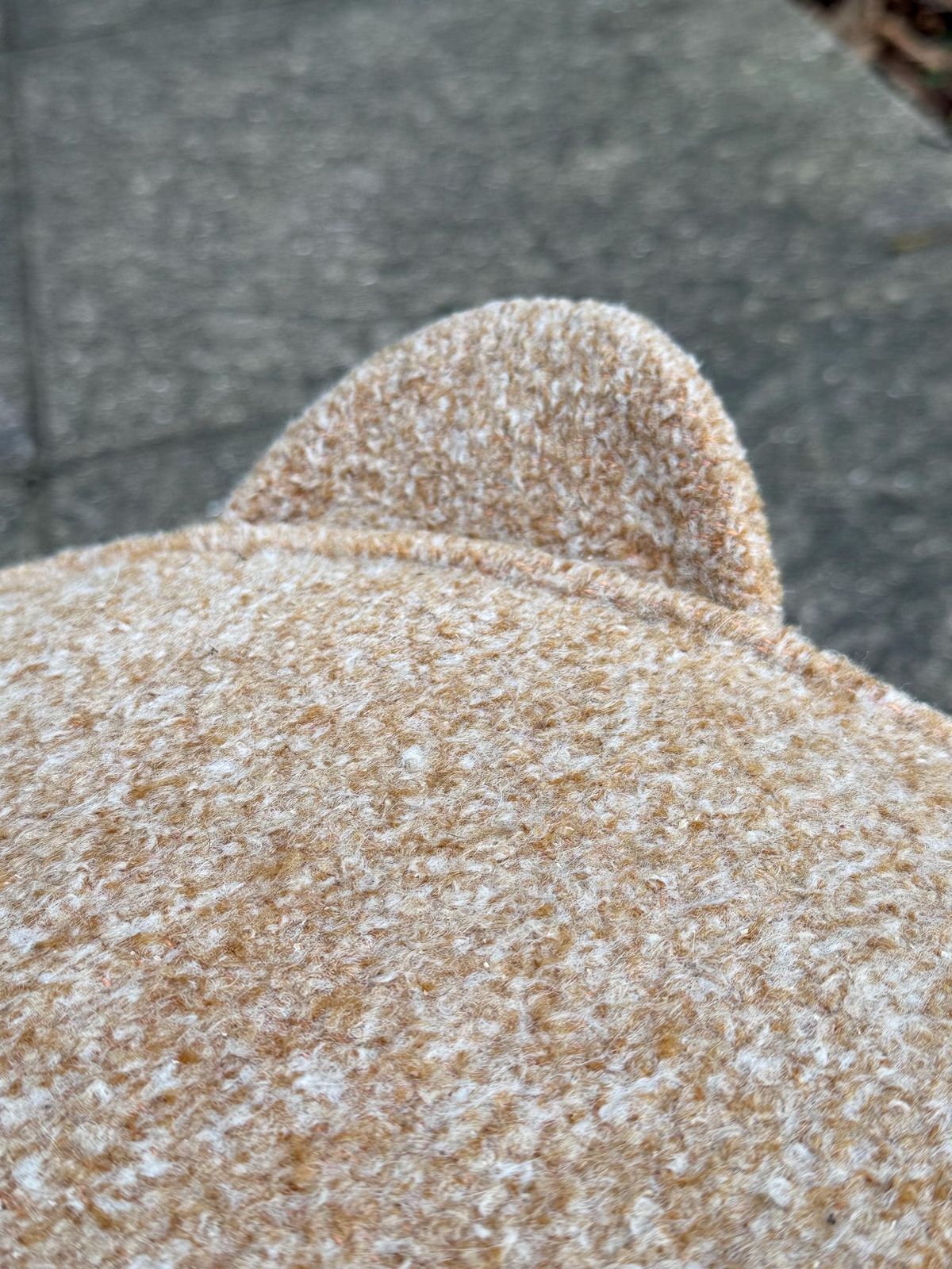 Vintage Retro Wool Covered Pouf Footstool In Soft Camel Tan With Ear Like Handles photo 135.0