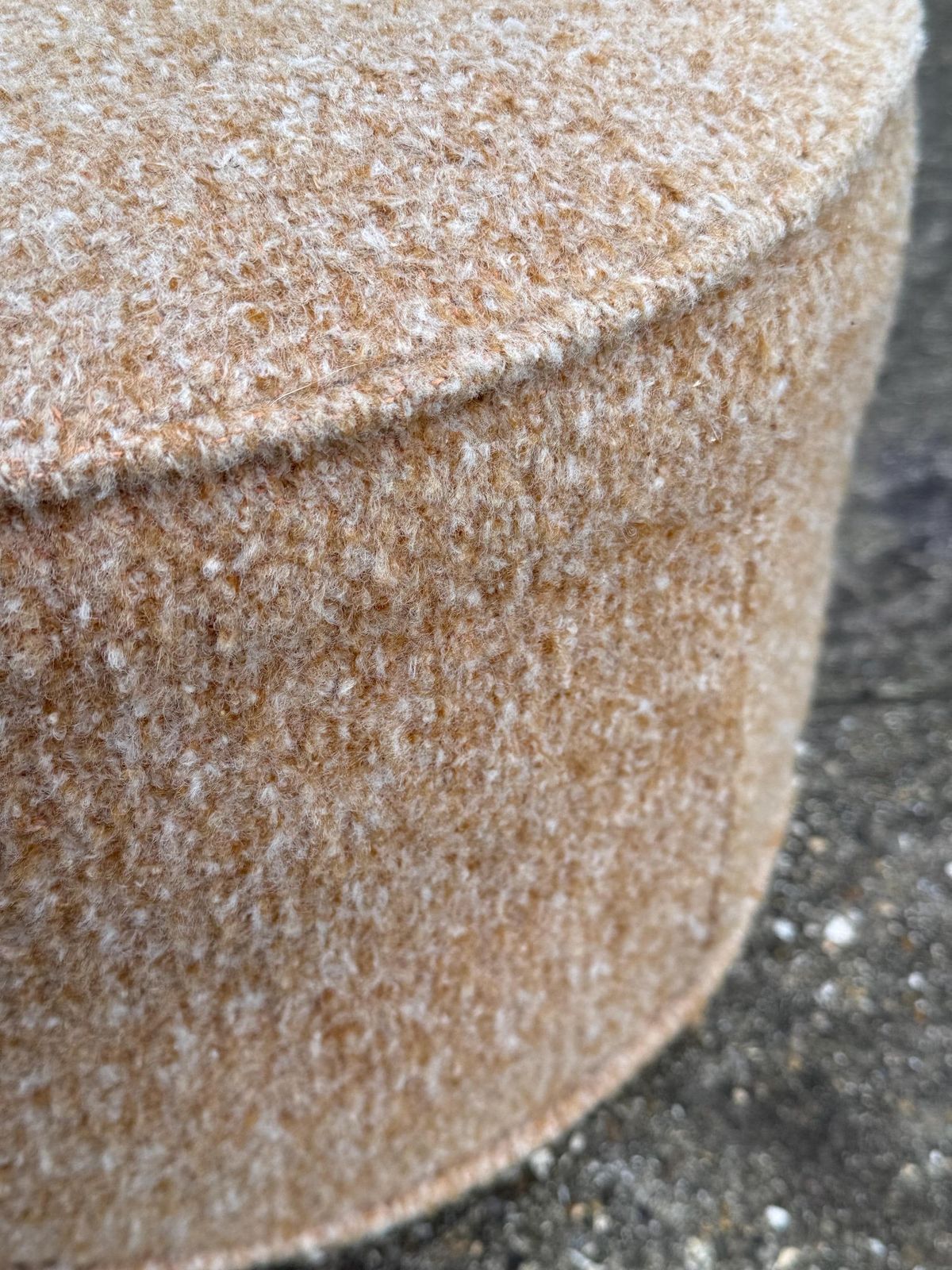 Vintage Retro Wool Covered Pouf Footstool In Soft Camel Tan With Ear Like Handles photo buy