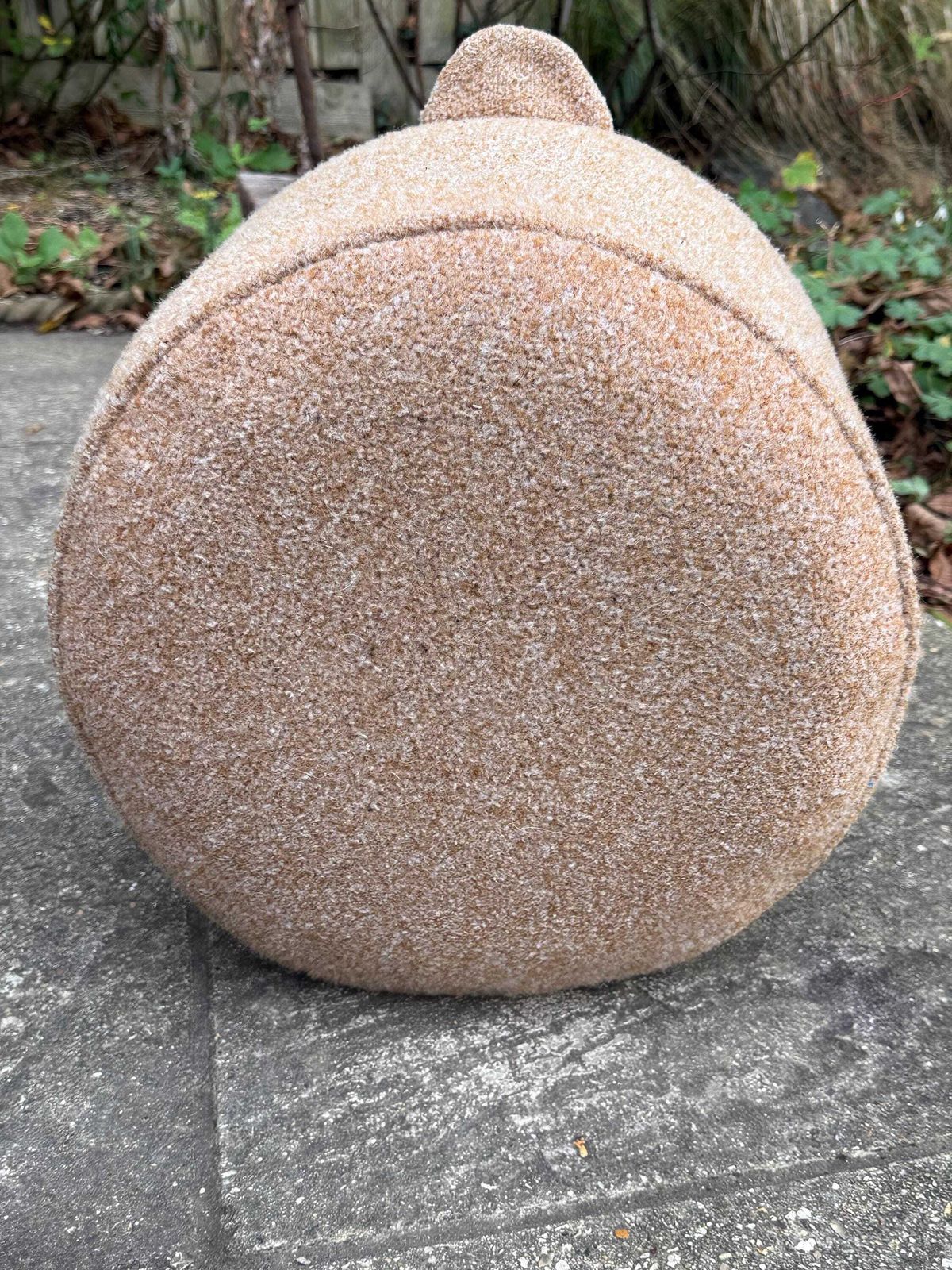 135.0 Vintage Retro Wool Covered Pouf Footstool In Soft Camel Tan With Ear Like Handles photo